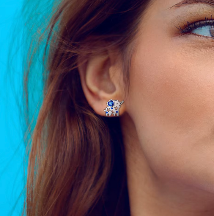 Silver Plated Cute Petite Elephant Blue Heart CZ Ear Studs