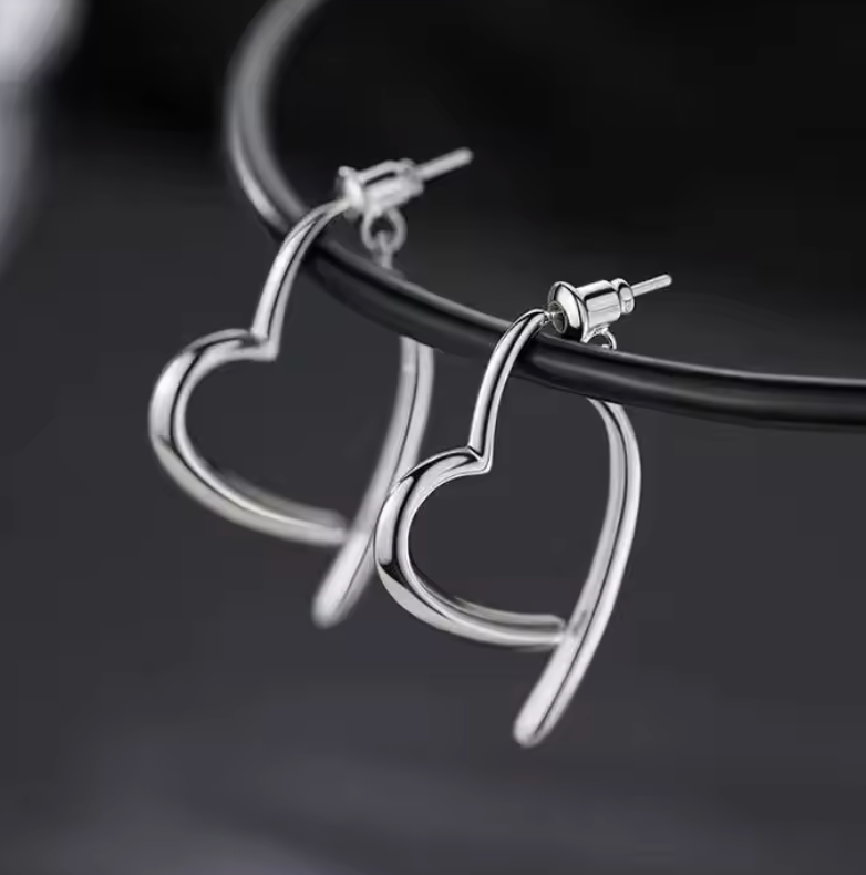 Silver Colour Heart Dangling Earrings