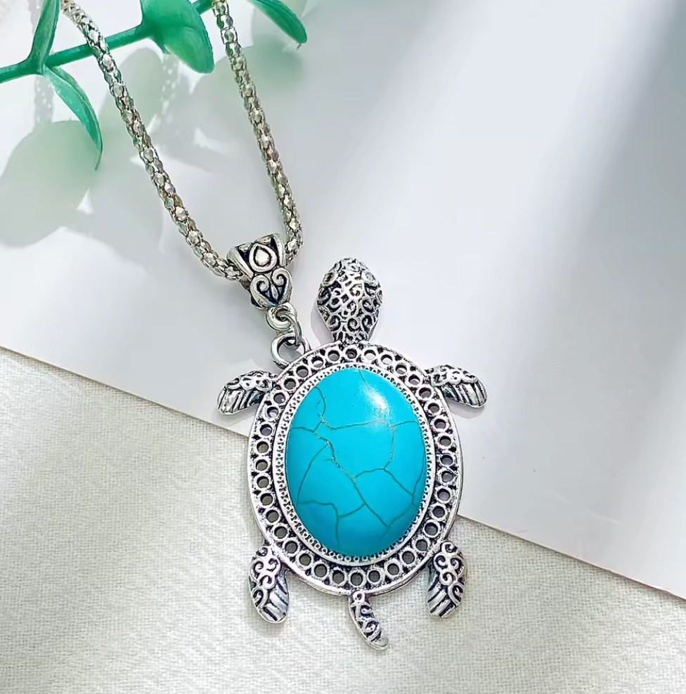 Turquoise Colour Silver Necklace , Bracelet Drop Earrings Turtle Set
