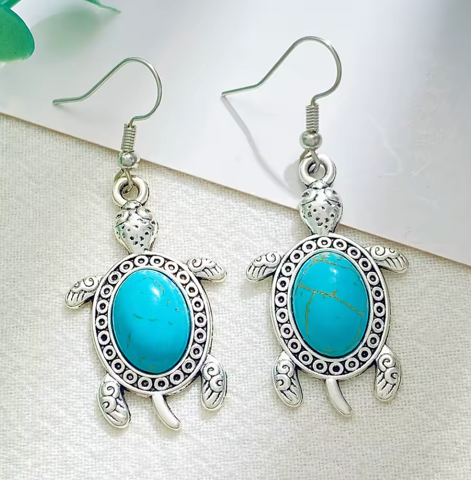 Turquoise Colour Silver Necklace , Bracelet Drop Earrings Turtle Set
