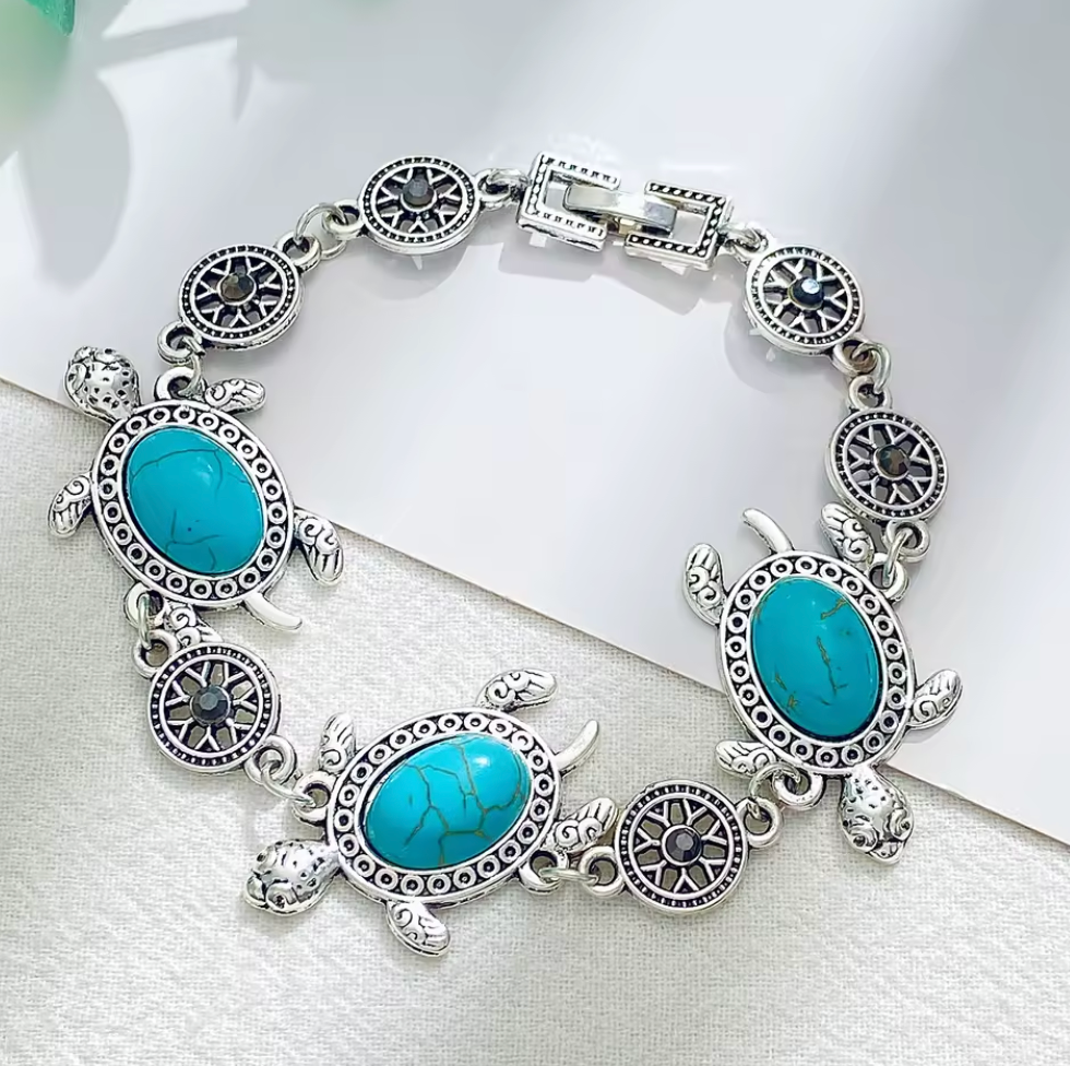 Turquoise Colour Silver Necklace , Bracelet Drop Earrings Turtle Set