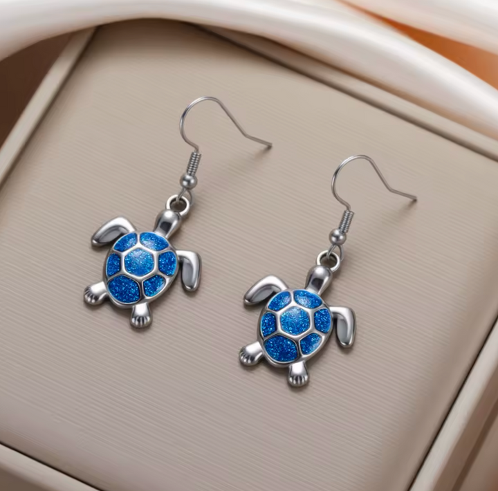 Stainless Steel Blue Turtle Drop Earrings