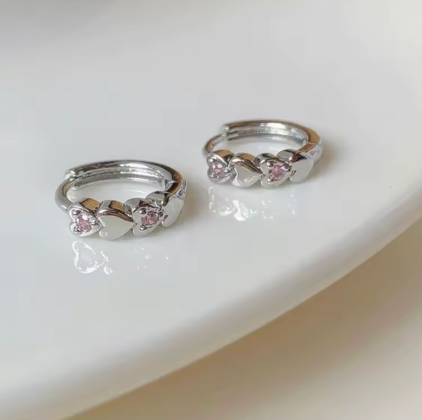 Sterling Silver Double Heart CZ Clicker Hoop Earrings