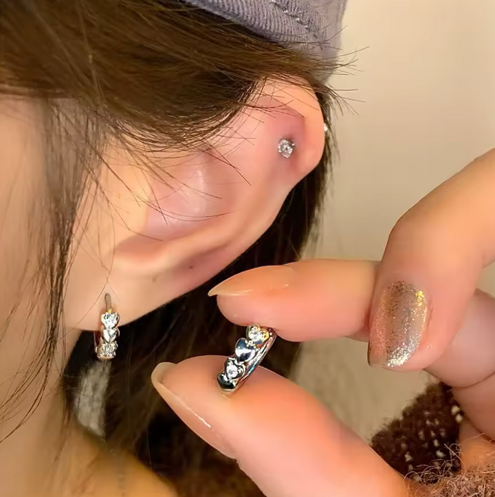 Sterling Silver Double Heart CZ Clicker Hoop Earrings