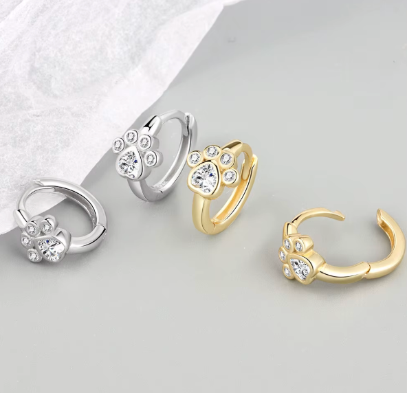 Petite CZ Paw Print Clicker Hoop Earrings