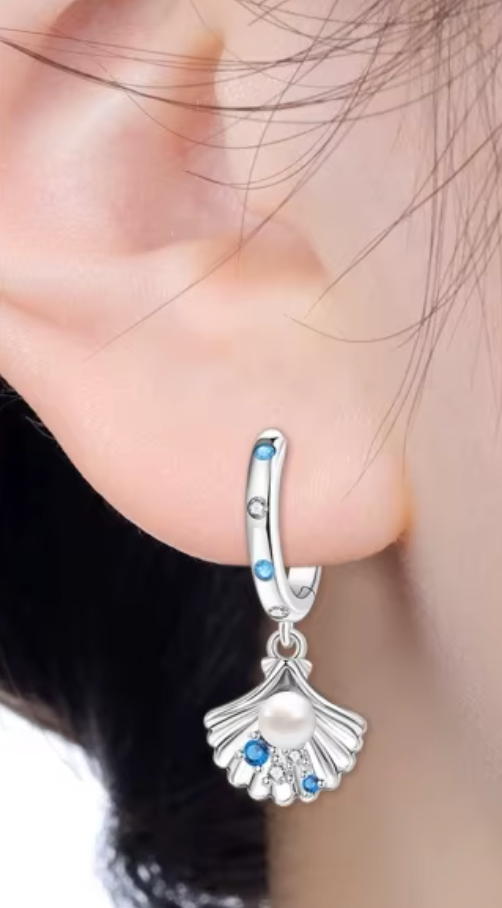 Sterling Silver Shimmering Shell Pearl CZ Clicker Drop Hoops