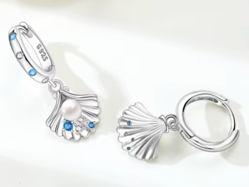 Sterling Silver Shimmering Shell Pearl CZ Clicker Drop Hoops