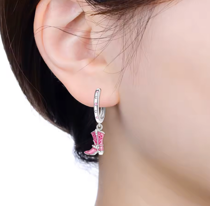 Sterling Silver Boot 'n' Hat Western Pink Earrings.