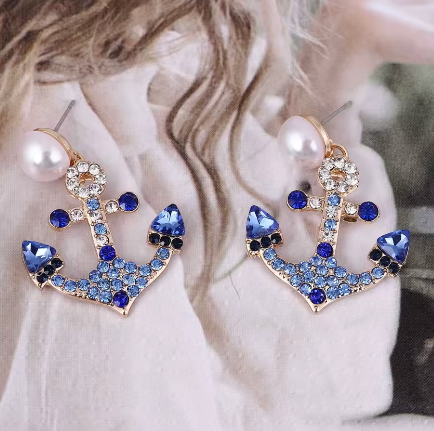 Faux Pearl Blue Anchor Drop Earrings