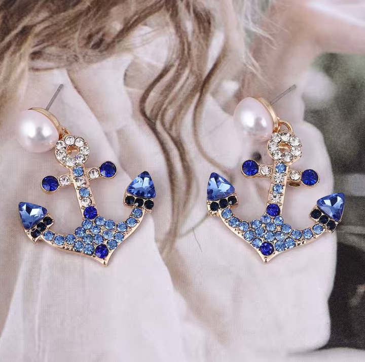 Faux Pearl Blue Anchor Drop Earrings