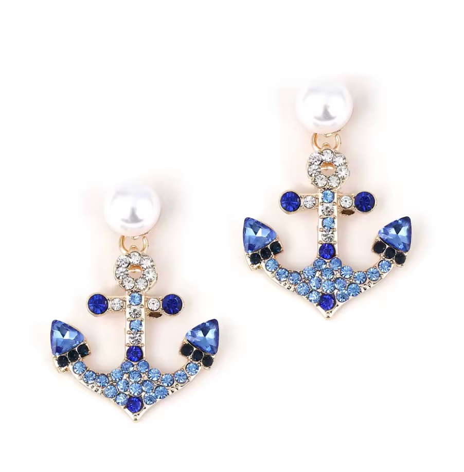 Faux Pearl Blue Anchor Drop Earrings