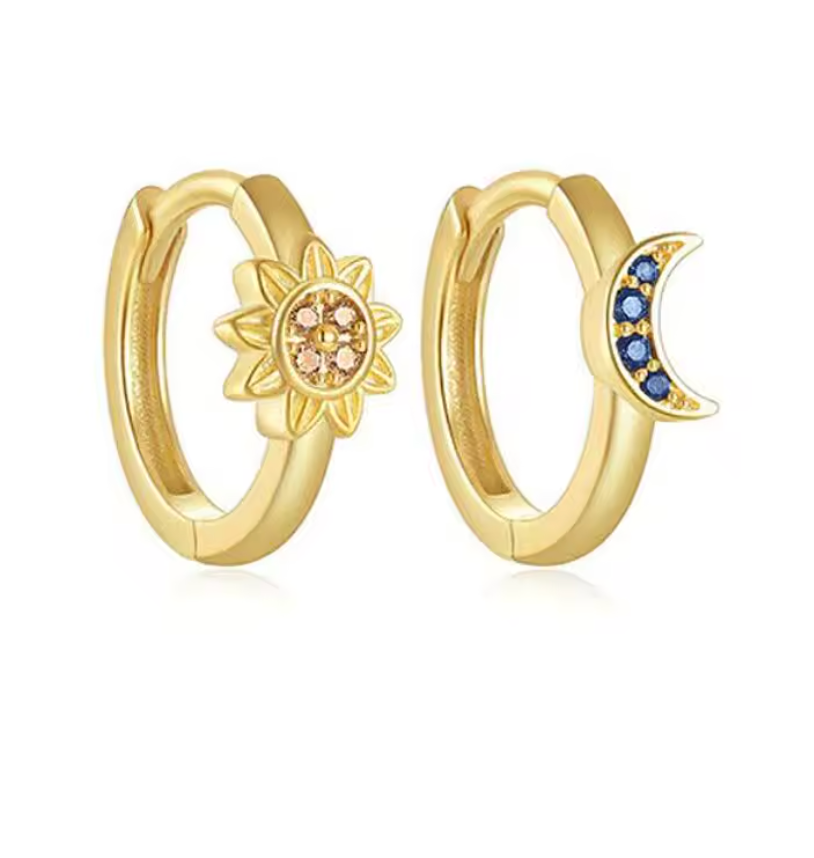 Sterling Silver Moon and Sun Clicker Hoop Earrings