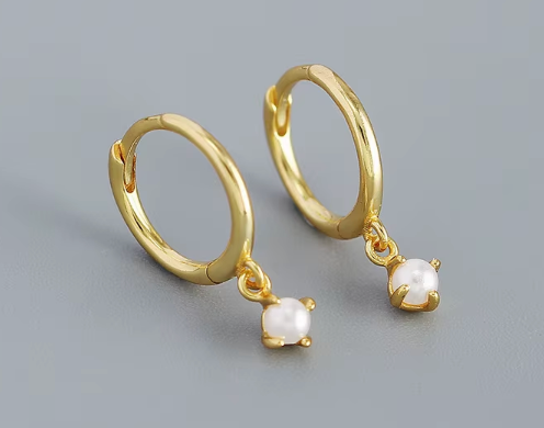 Sterling Silver Faux Pearl Drop   Ear Clicker Hoops