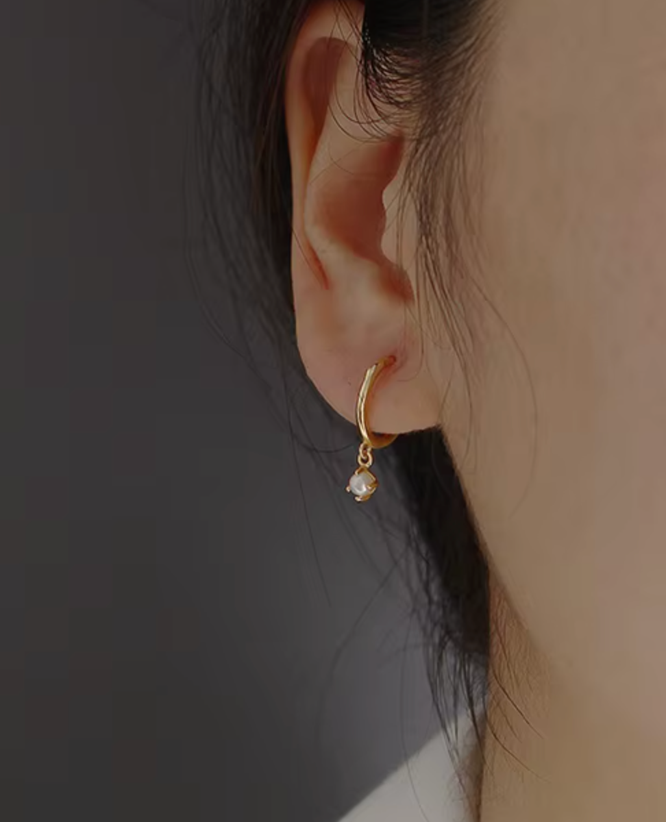 Sterling Silver Faux Pearl Drop   Ear Clicker Hoops