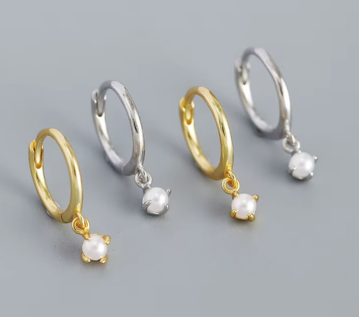 Sterling Silver Faux Pearl Drop   Ear Clicker Hoops