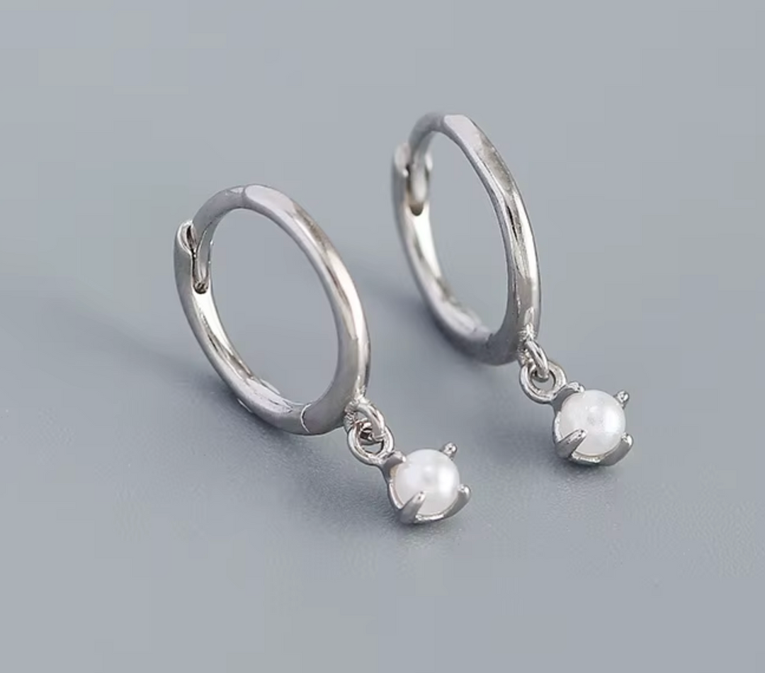 Sterling Silver Faux Pearl Drop   Ear Clicker Hoops