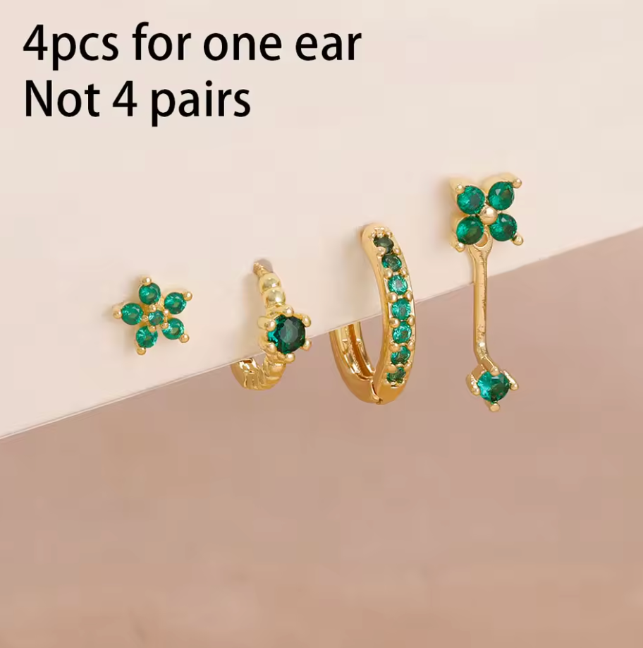 4pcs 14K Gold Plated Dainty Inlay little Zircon Flower Hoop Earring Stainless Steel Stud Earrings Set
