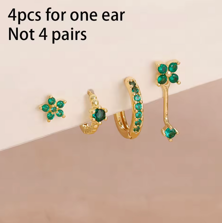 4pcs 14K Gold Plated Dainty Inlay little Zircon Flower Hoop Earring Stainless Steel Stud Earrings Set