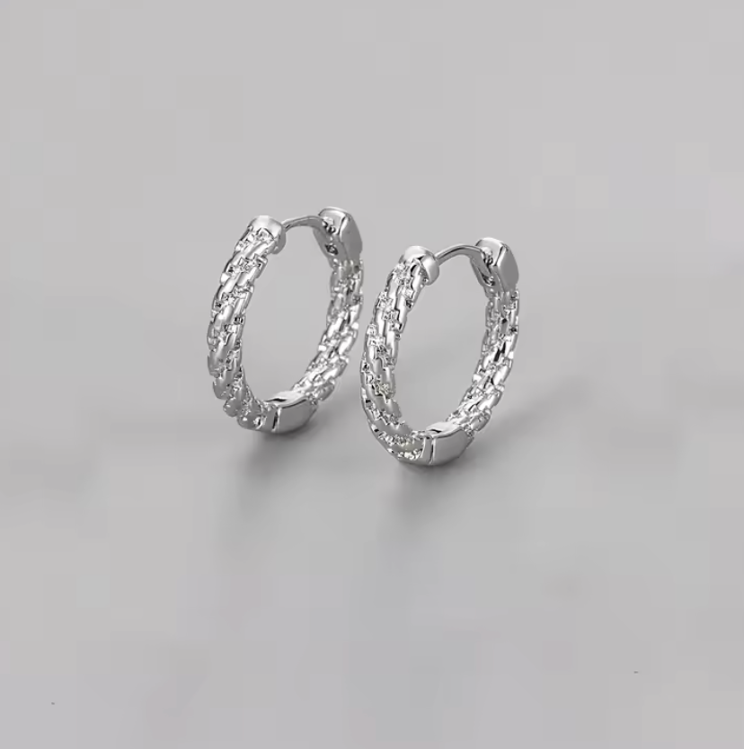 Silver Colour Minimalist Geometric Texture Hoop Earrings