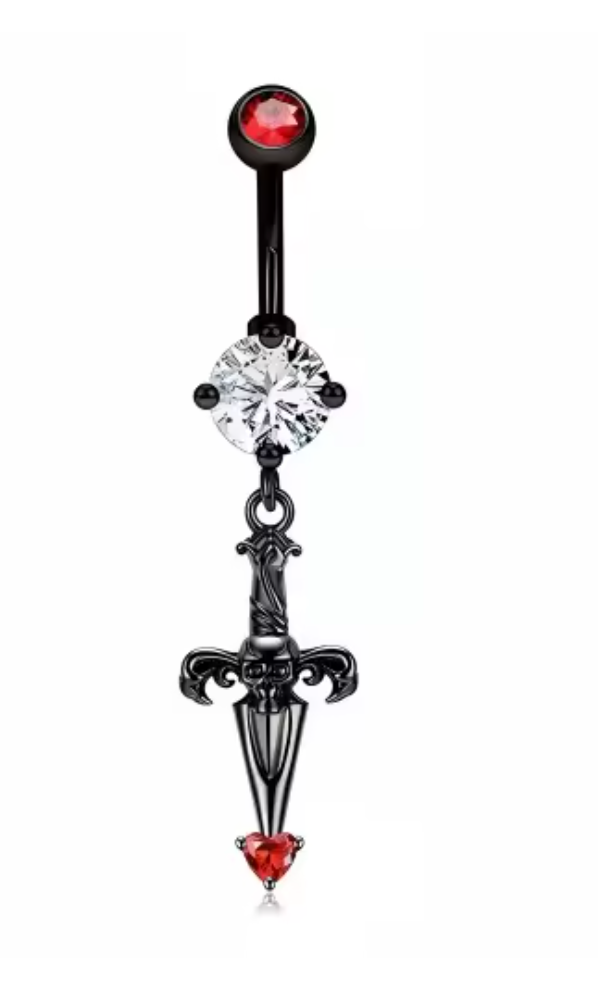 Stainless Steel Drop Bleeding Dark Dagger CZ Belly Bar