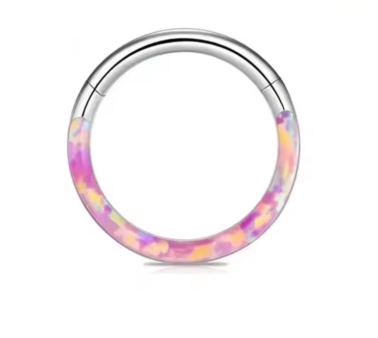 Shimmering Half Faux Opal Titanium Clicker Hoop