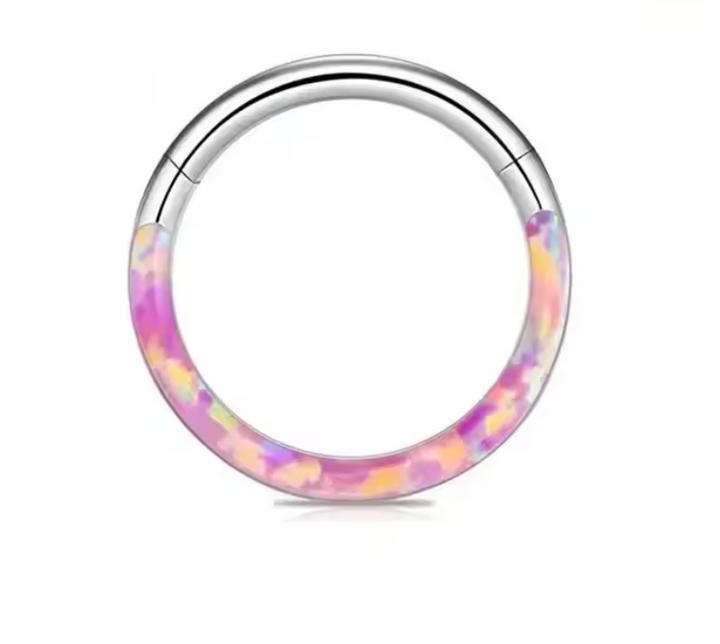 Shimmering Half Faux Opal Titanium Clicker Hoop