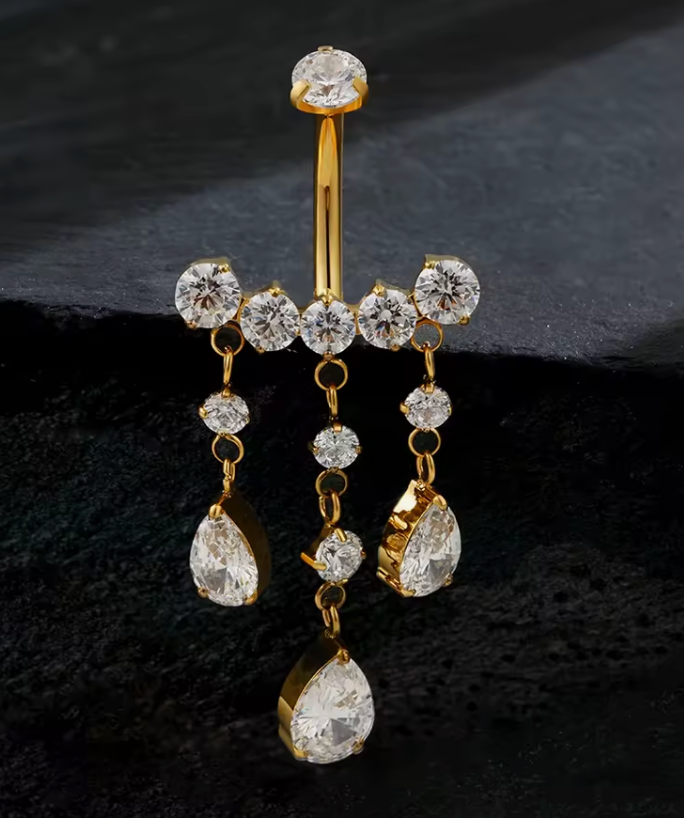Titanium Teardrop CZ Dangle Belly Bar