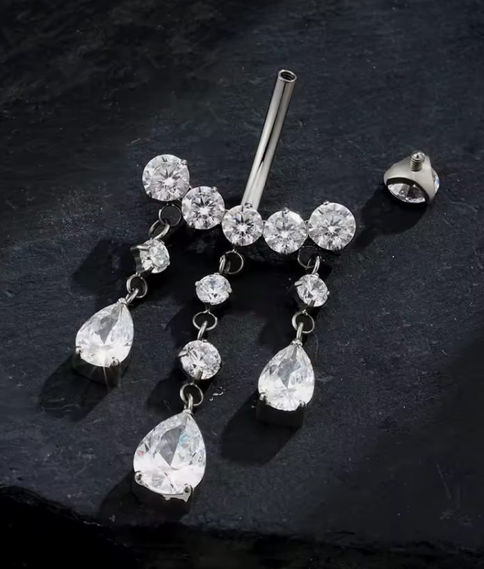 Titanium Teardrop CZ Dangle Belly Bar