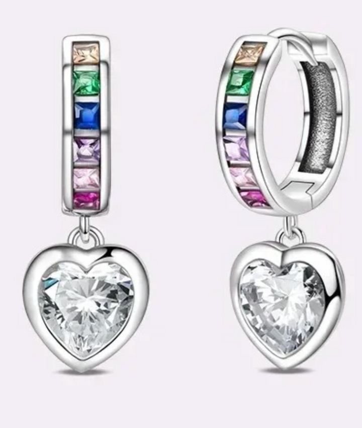 Sterling Silver Rainbow CZ Drop Heart Clicker Hoop Earrings