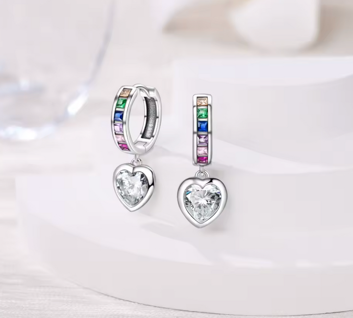 Sterling Silver Rainbow CZ Drop Heart Clicker Hoop Earrings