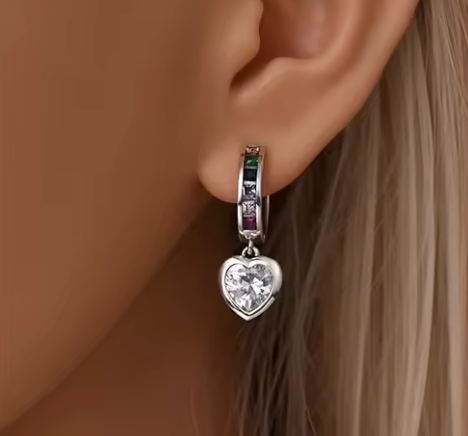 Sterling Silver Rainbow CZ Drop Heart Clicker Hoop Earrings