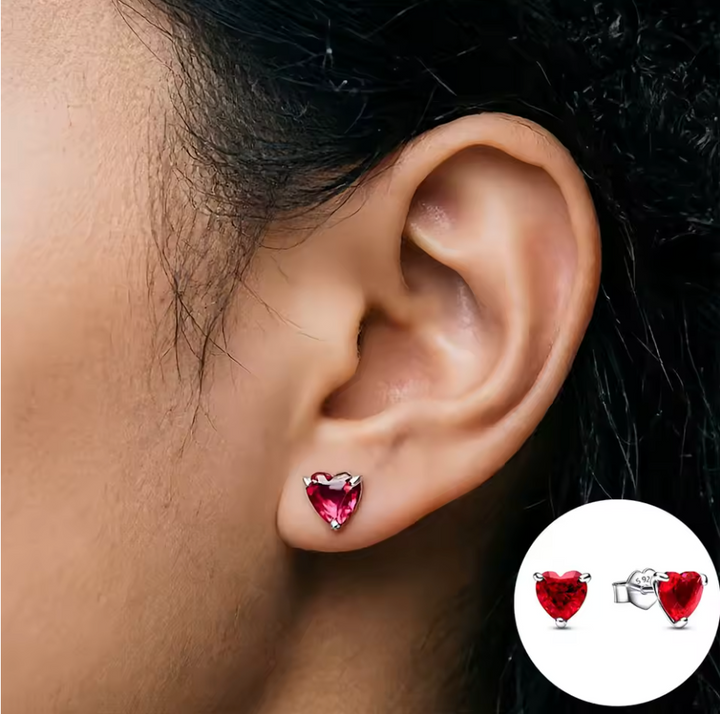 Sterling silver Small Ruby Coloured Heart Studs