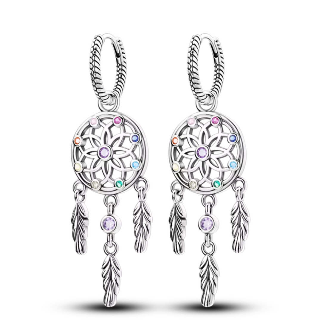 925 Sterling Silver Dream  Catcher Feather Sparkle Hoop Earrings