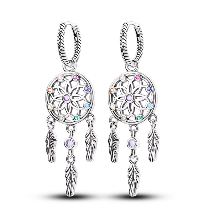 925 Sterling Silver Dream  Catcher Feather Sparkle Hoop Earrings