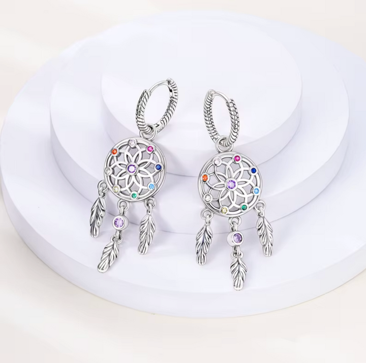 925 Sterling Silver Dream  Catcher Feather Sparkle Hoop Earrings