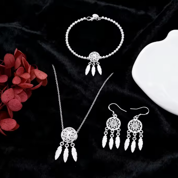 Sterling Silver Beautiful Dream catcher Necklace Earrings Bracelet Set
