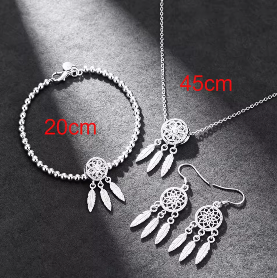 Sterling Silver Beautiful Dream catcher Necklace Earrings Bracelet Set