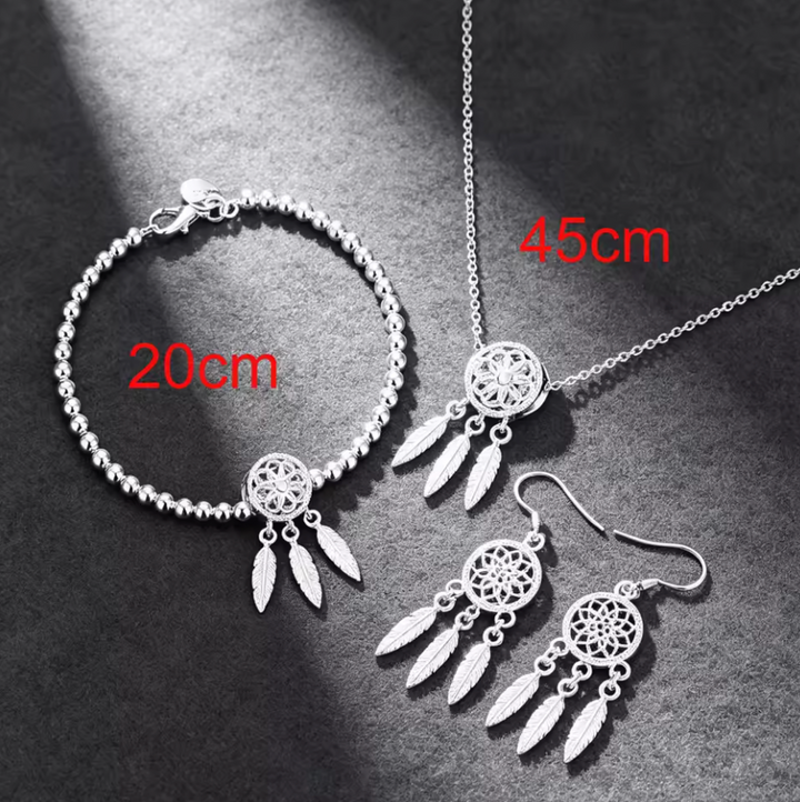 Sterling Silver Beautiful Dream catcher Necklace Earrings Bracelet Set