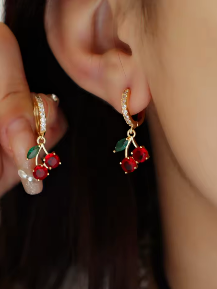 Cherry Huggie Earrings CZ & Colored Gemstone Inlaid Clicker Hoops.
