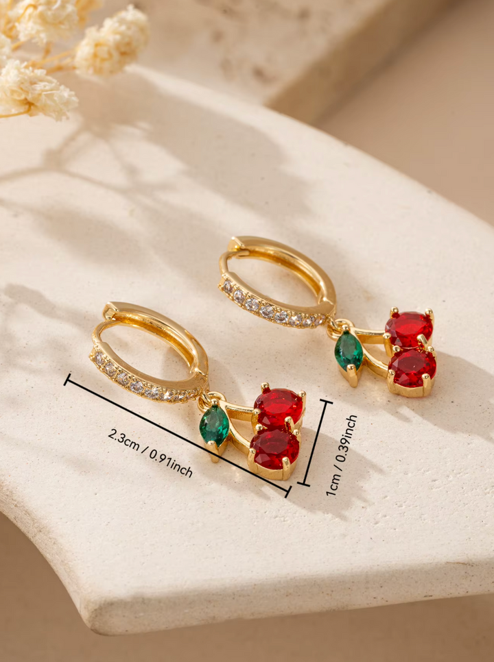 Cherry Huggie Earrings CZ & Colored Gemstone Inlaid Clicker Hoops.