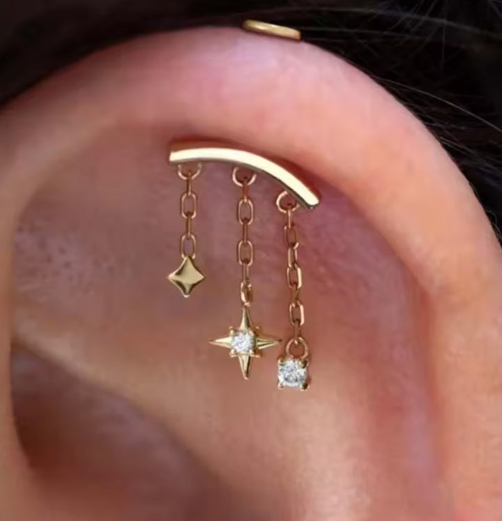 Gold/Silver Color Cross Star Long Tassel Chain Flat Backed Stud