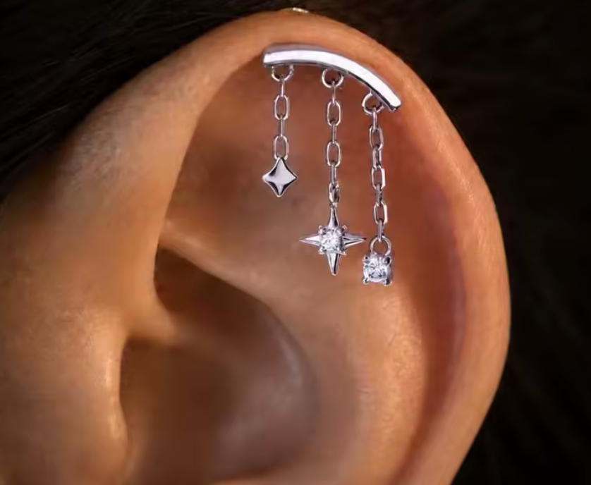 Gold/Silver Color Cross Star Long Tassel Chain Flat Backed Stud