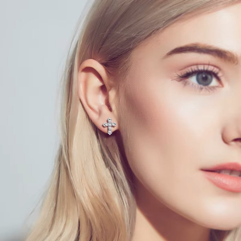 Sterling Silver 2.3mm VVS1 Round Cut Moissanite Cross Stud Earrings